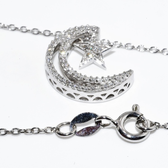 $600 .925 Sterling Silver .28CT Natural Diamond Cluster Moon & Star Necklace - Picture 7 of 7